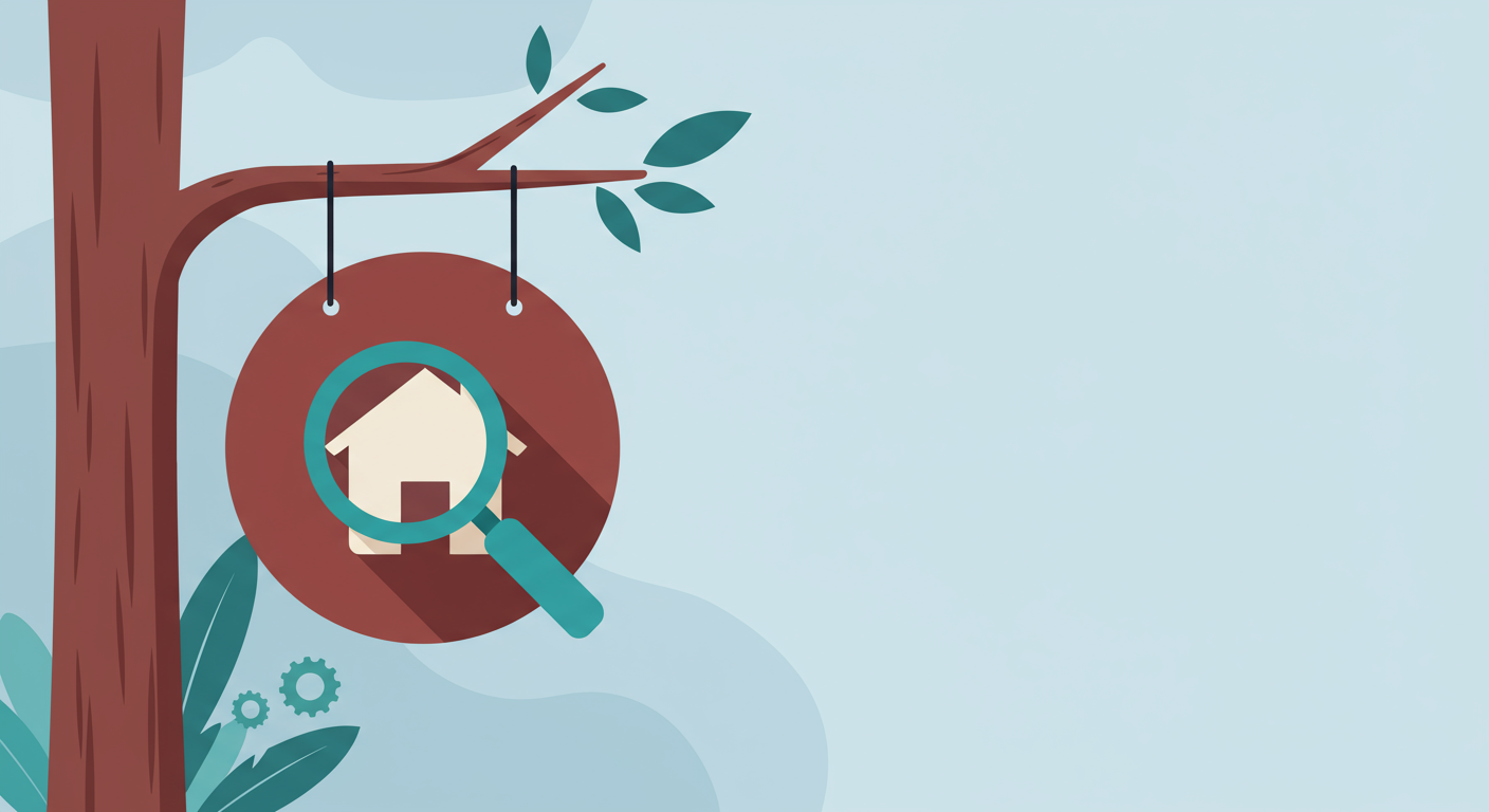 A magnifying glass examines a house displayed on a circular sign hanging from a tree.