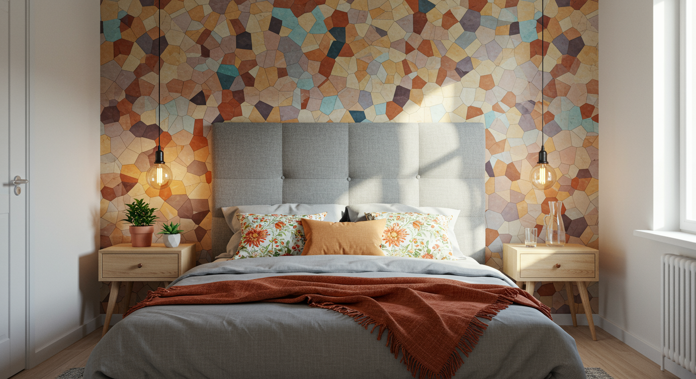 bedroom with colorful textured wallpaper
