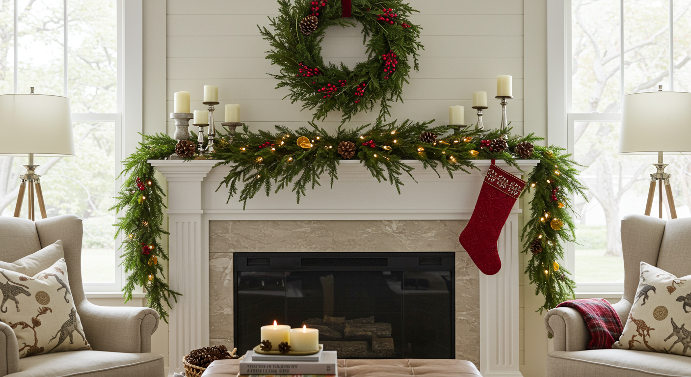 Living room fireplace with a berry-decorated wreath, lit evergreen garland, and red stocking.
