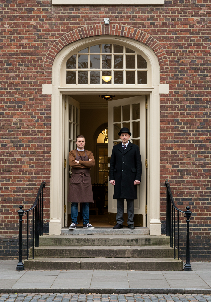 Eastern Market vendor Mike Bowers from Bowers Fancy Dairy Products with Eastern Market Architect Adolf Cluss celebrity impersonator and Capitol Hill resident, Seth Shapiro.&nbsp;
