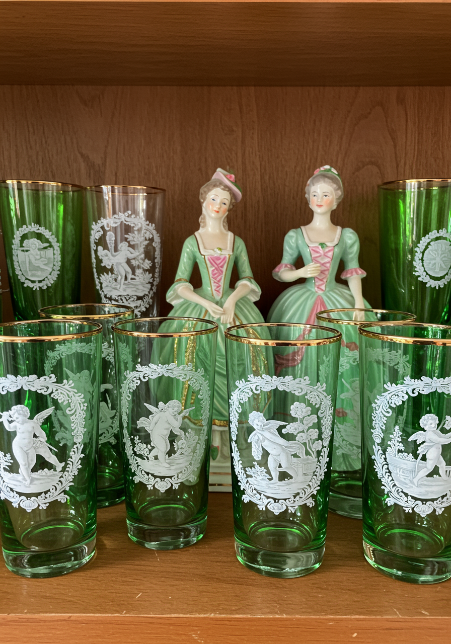 Green etched glass tumblers and two porcelain figurines displayed on a wooden shelf.