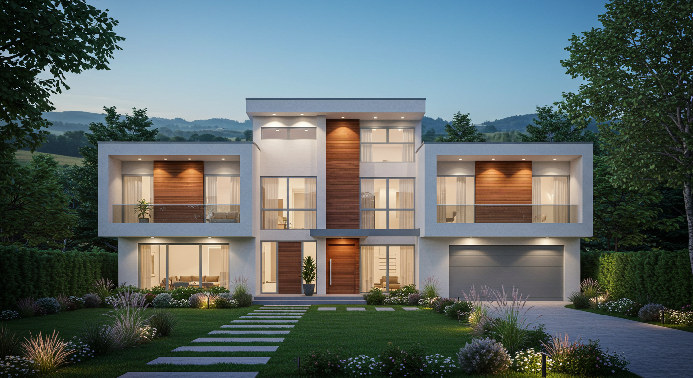 Modern two-story home with wood accents, glass balconies, and a landscaped front lawn at dusk.
