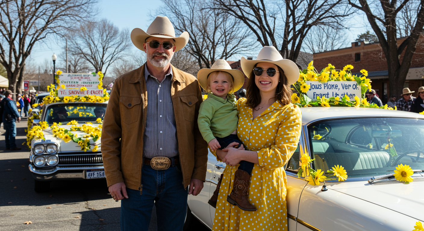 Daffodil Festival 2024 Couple with Baby and Old Cadillac