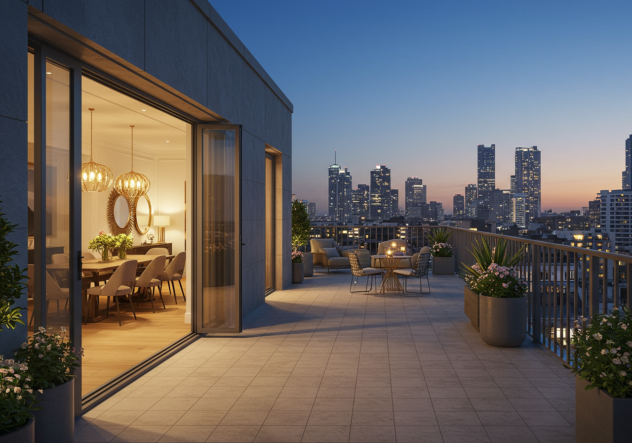 The terrace of a model unit that Yellow House Architects designed at the historic One Wall Street in New York City is...