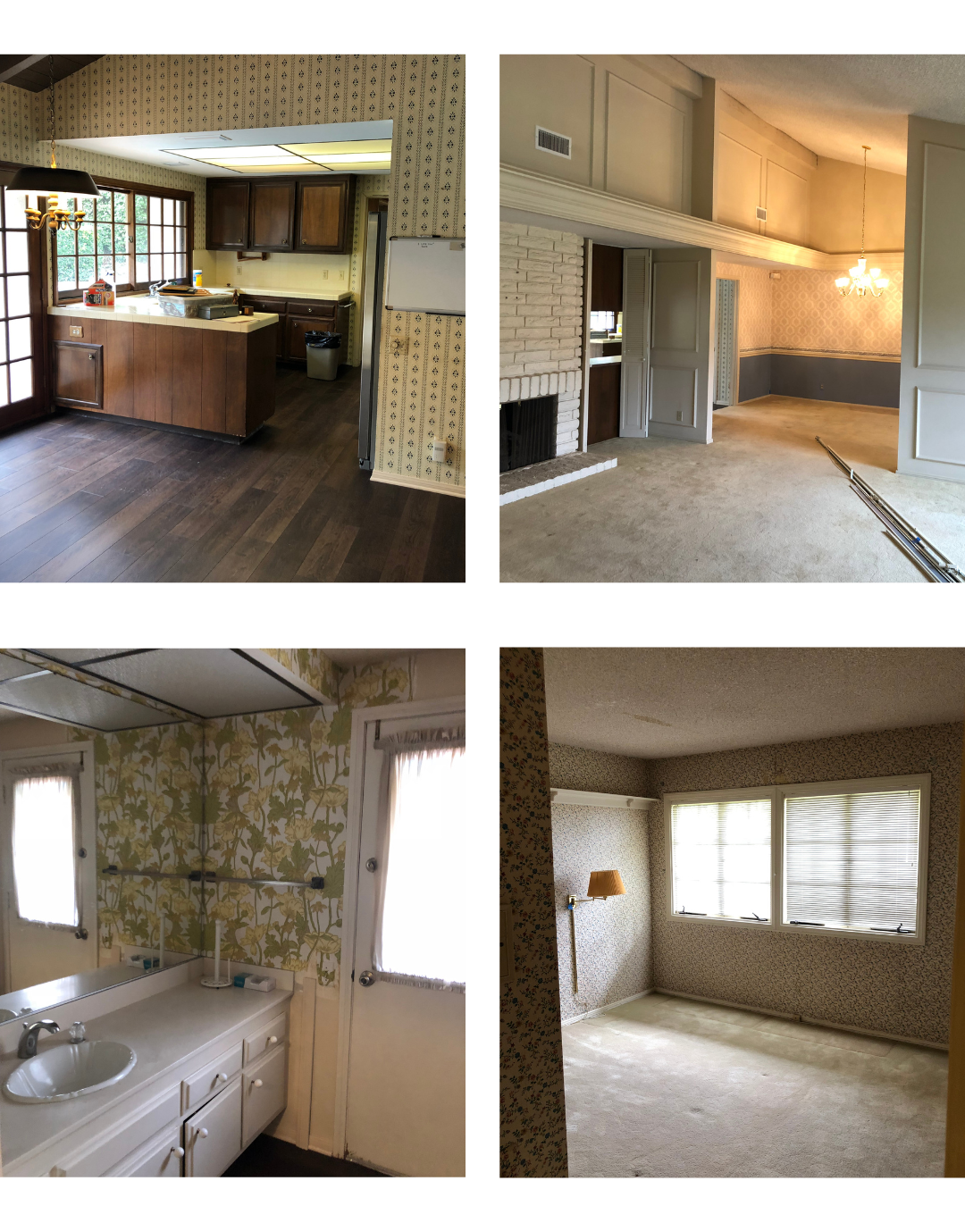 Dated home interiors include a dark wood kitchen, white brick fireplace, floral bathroom, and empty carpeted room.