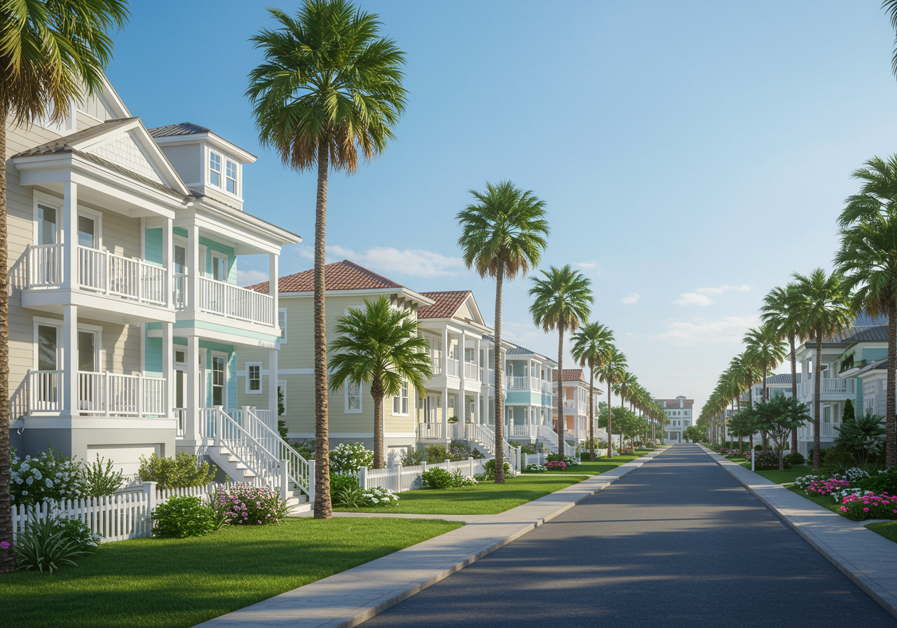 Palm-lined street with pastel-colored houses and lush greenery evokes a tropical paradise
