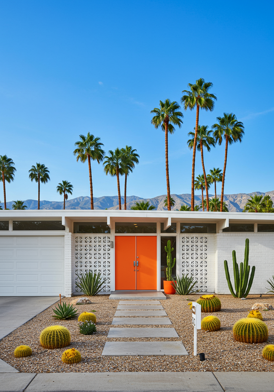 modern mid century house architecture and palm trees in palm springs, california