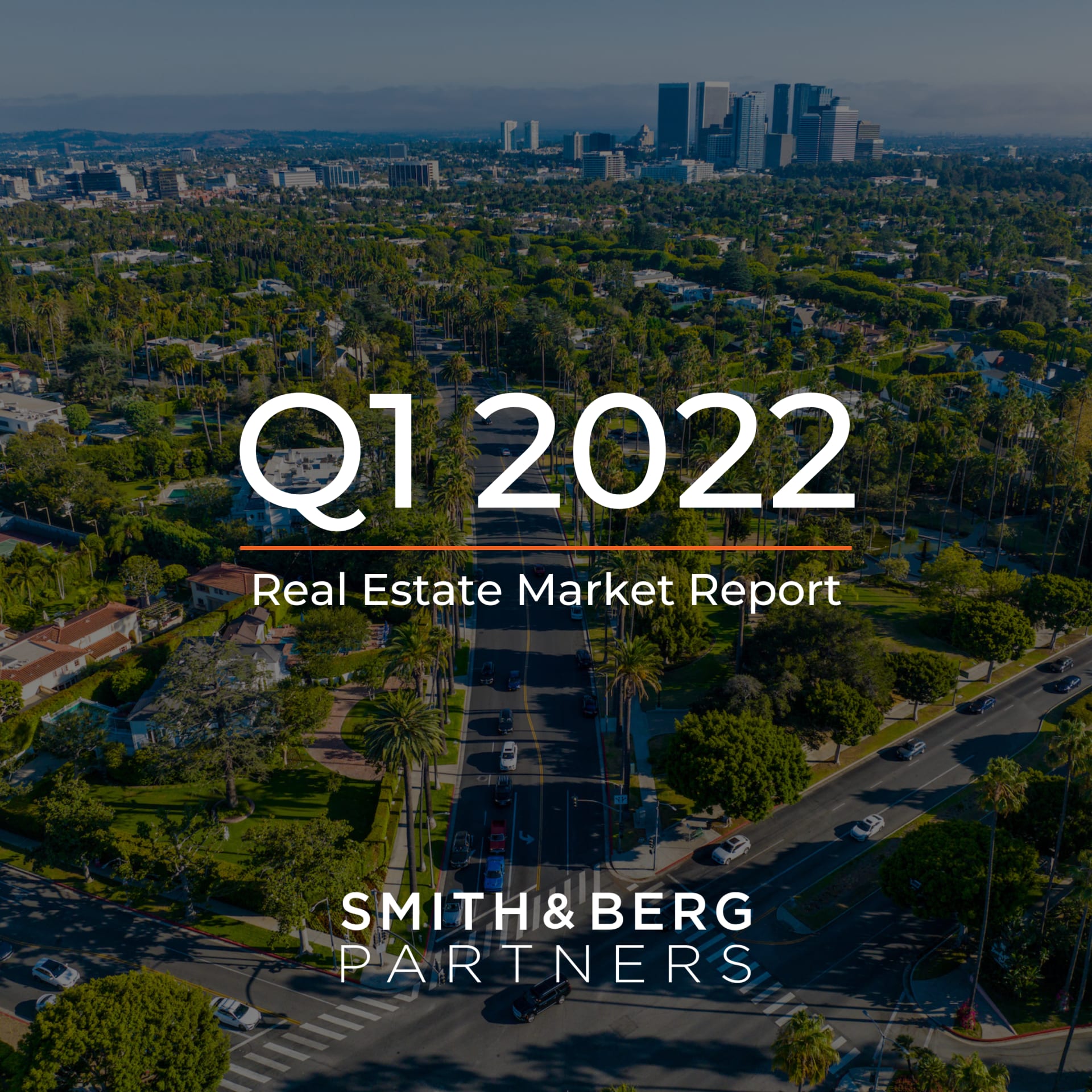 The cover of a "Real Estate Market Report" for "Q1 2022" features an aerial view of a verdant residential area with winding streets and numerous trees, leading towards a more urban skyline in the distance. 