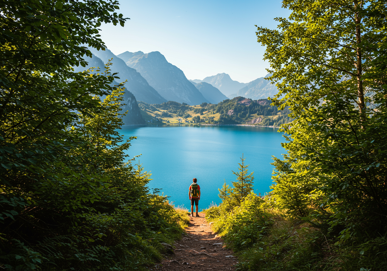 Hiker overlooking a blue mountain lake in Mammoth Lakes CA framed by pine trees