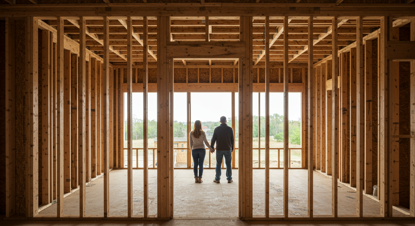 Unfinished home interior with exposed timber framing and two people looking out through large openings.