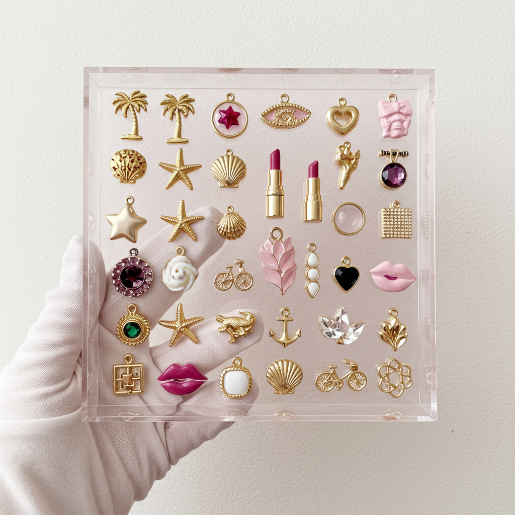 A hand holds a clear tray of gold charms, including shells, stars, lips, and bicycles.