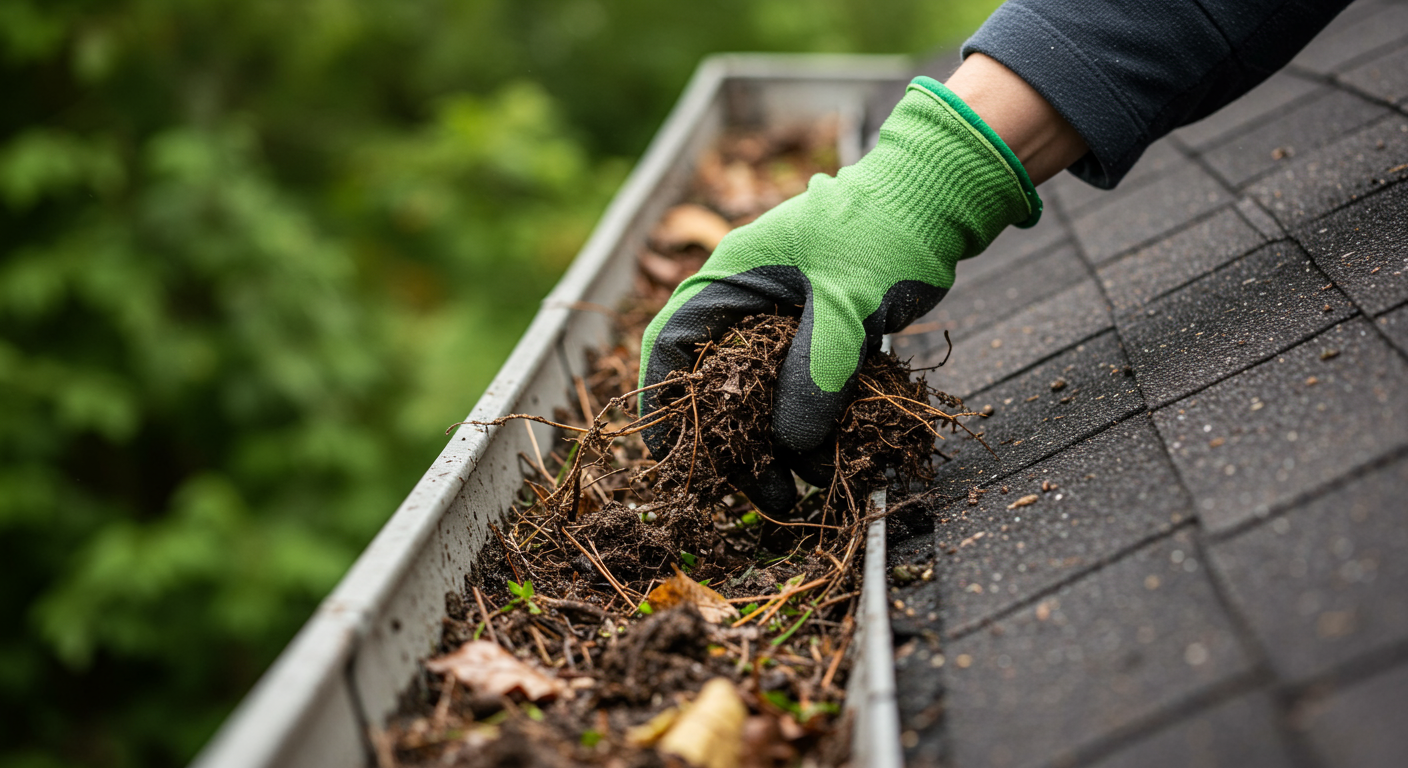 Person Wearing Gloves to Clean Leaves Out of Gutters