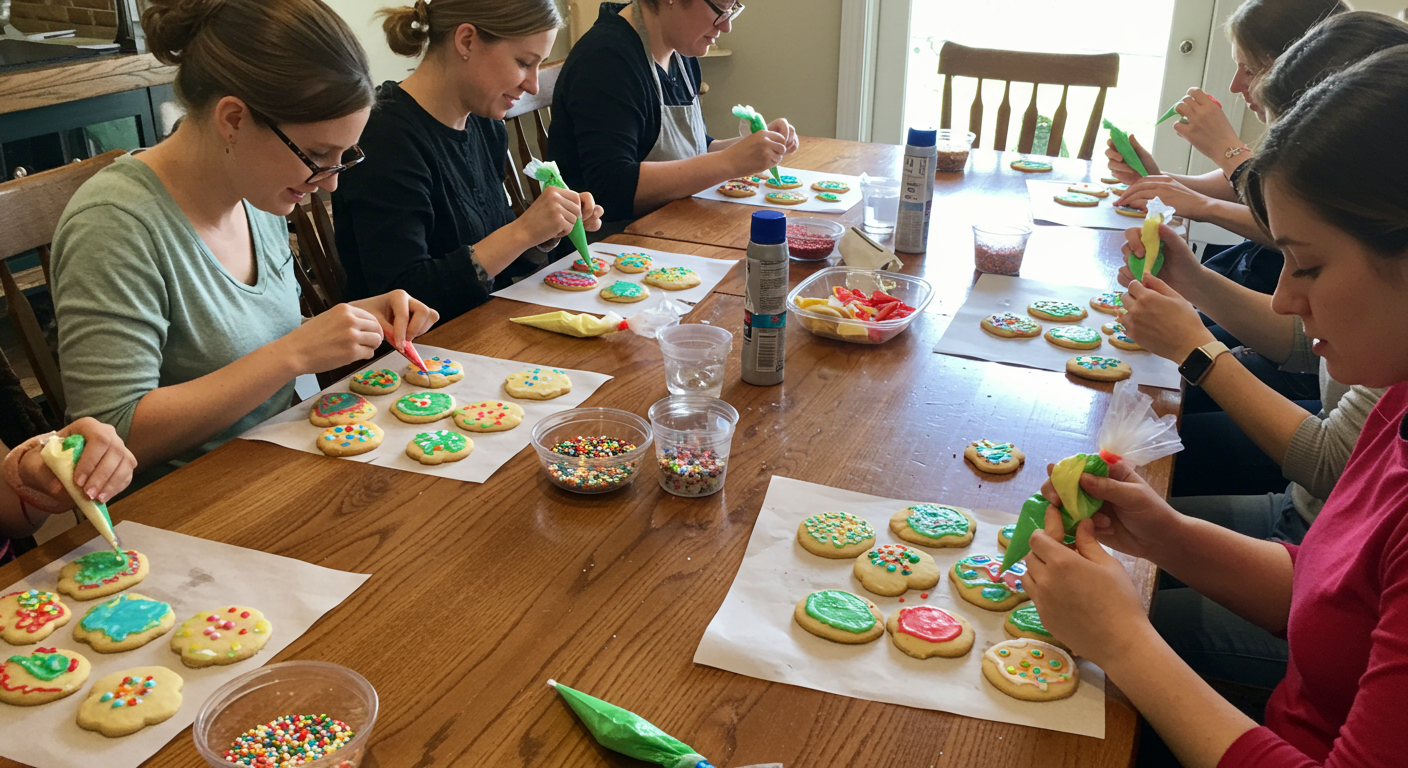 People decorate sugar cookies with colorful icing and sprinkles around a wooden table.
