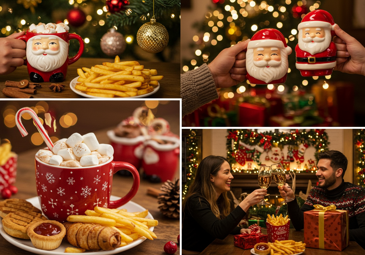 Christmas collage of Santa mugs, hot chocolate and snacks, with a couple clinking glasses at a festive table.