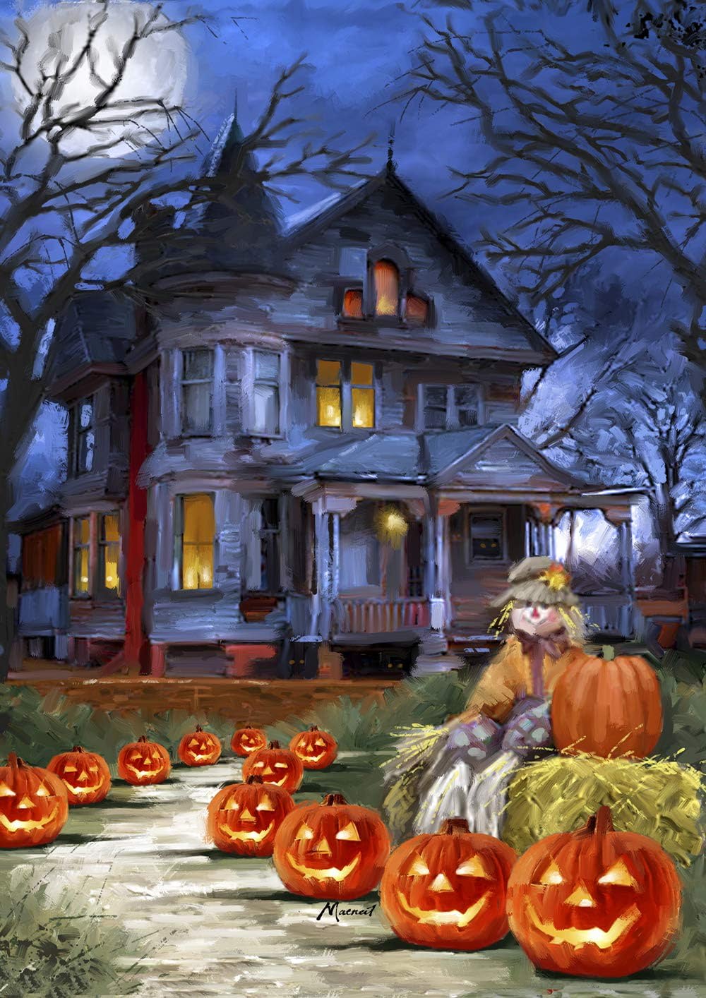 Painted haunted house with a scarecrow and a path lined with glowing jack-o’-lanterns.