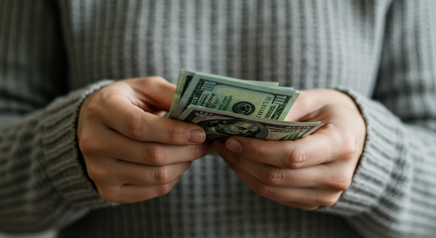 Hands count hundred-dollar bills against a gray knit sweater.