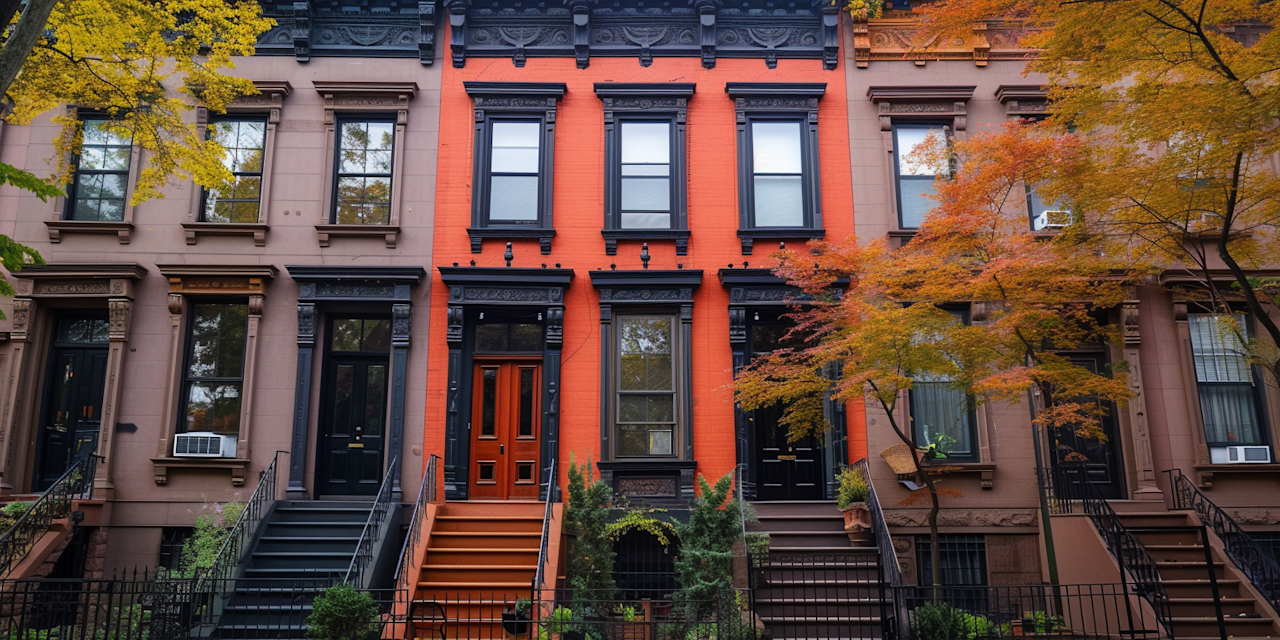 Row of historic brownstone buildings with a prominent orange facade in the middle, accented by black trim and autumn trees.