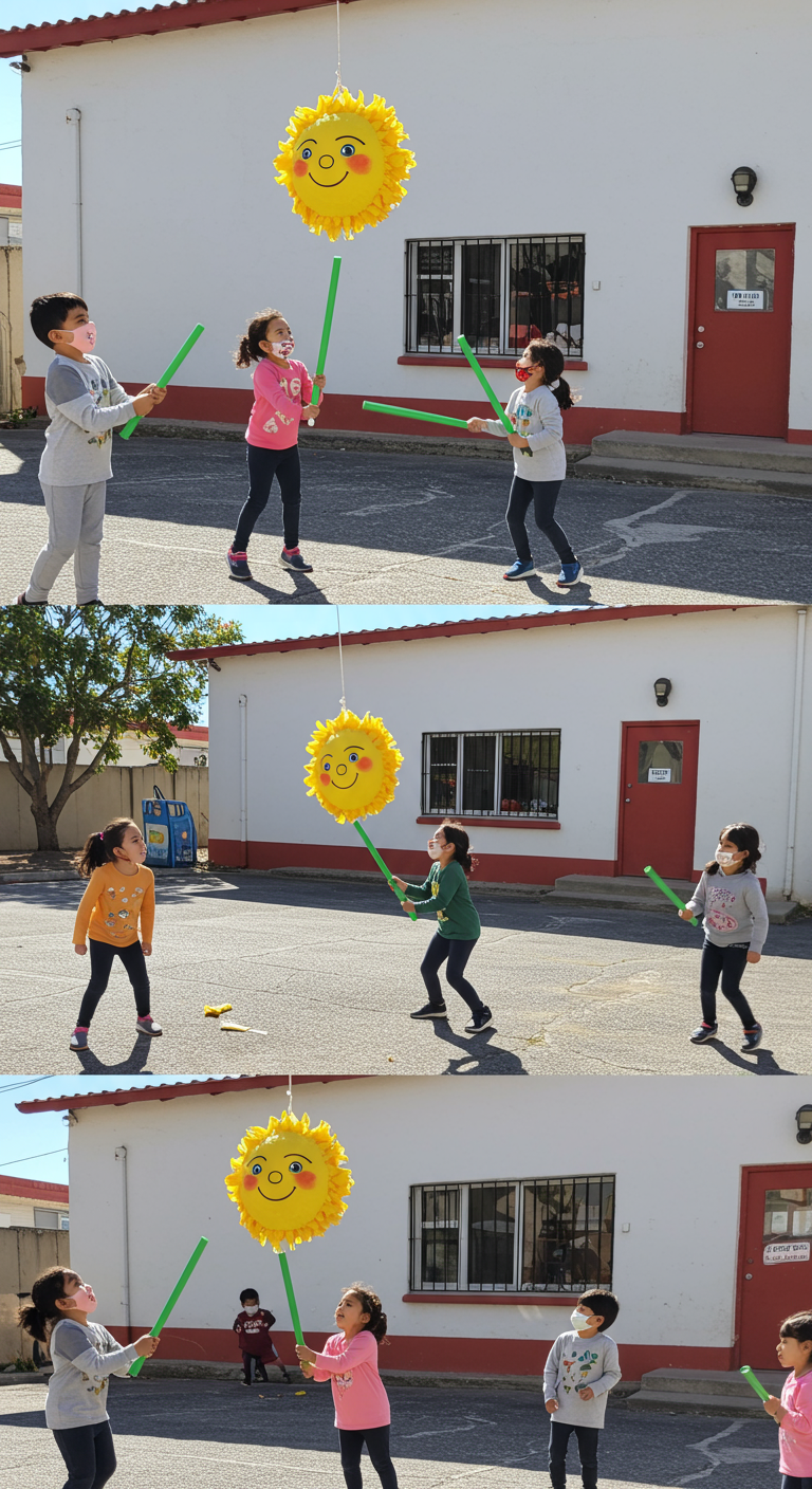 Children take turns swinging at a smiling sun piñata outside a community center.