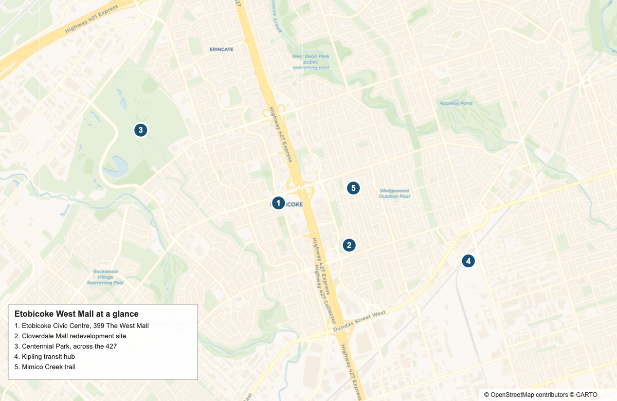 Locator map of Etobicoke West Mall showing the Civic Centre, Cloverdale Mall site, Centennial Park, Kipling transit hub and Mimico Creek trail