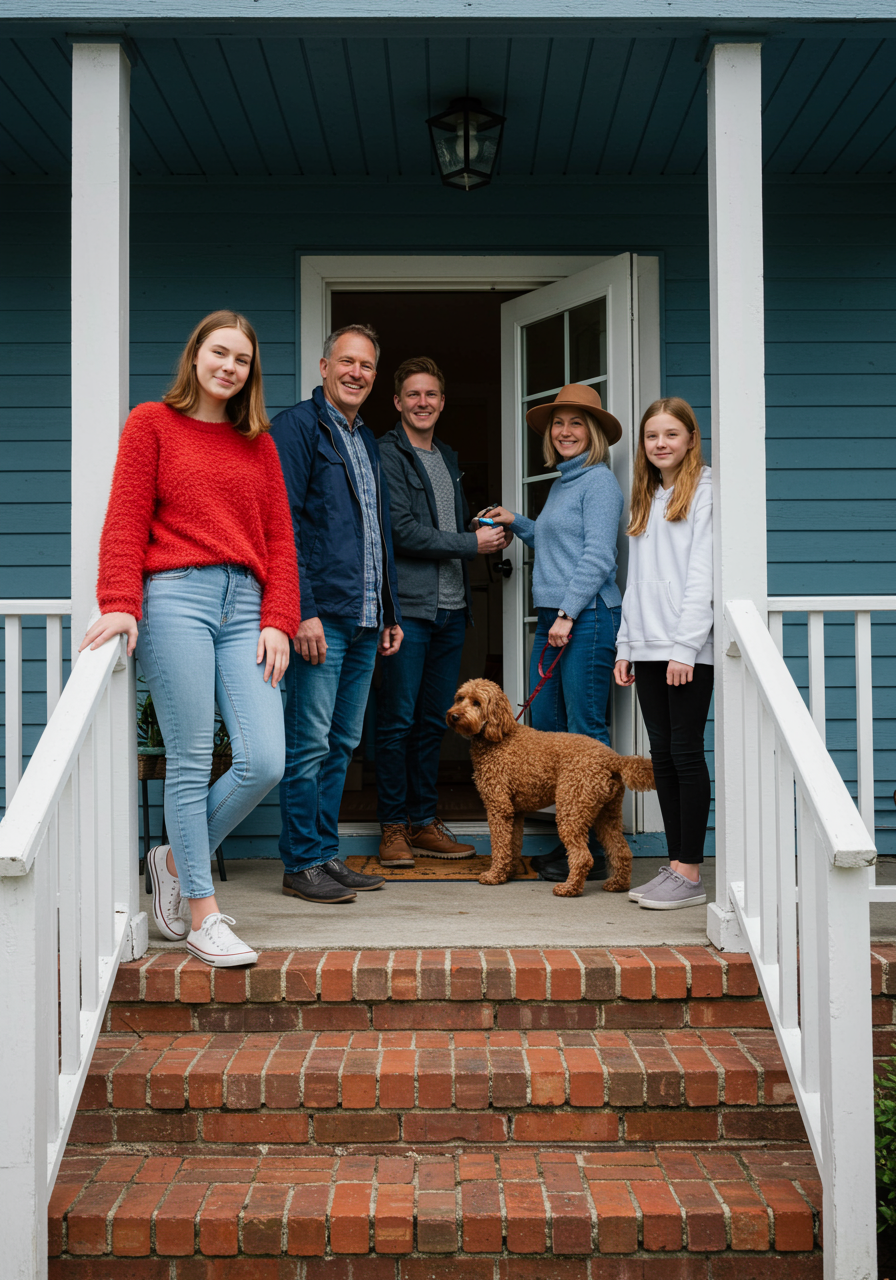 New buyers and their dog accepting the keys to their new blue home