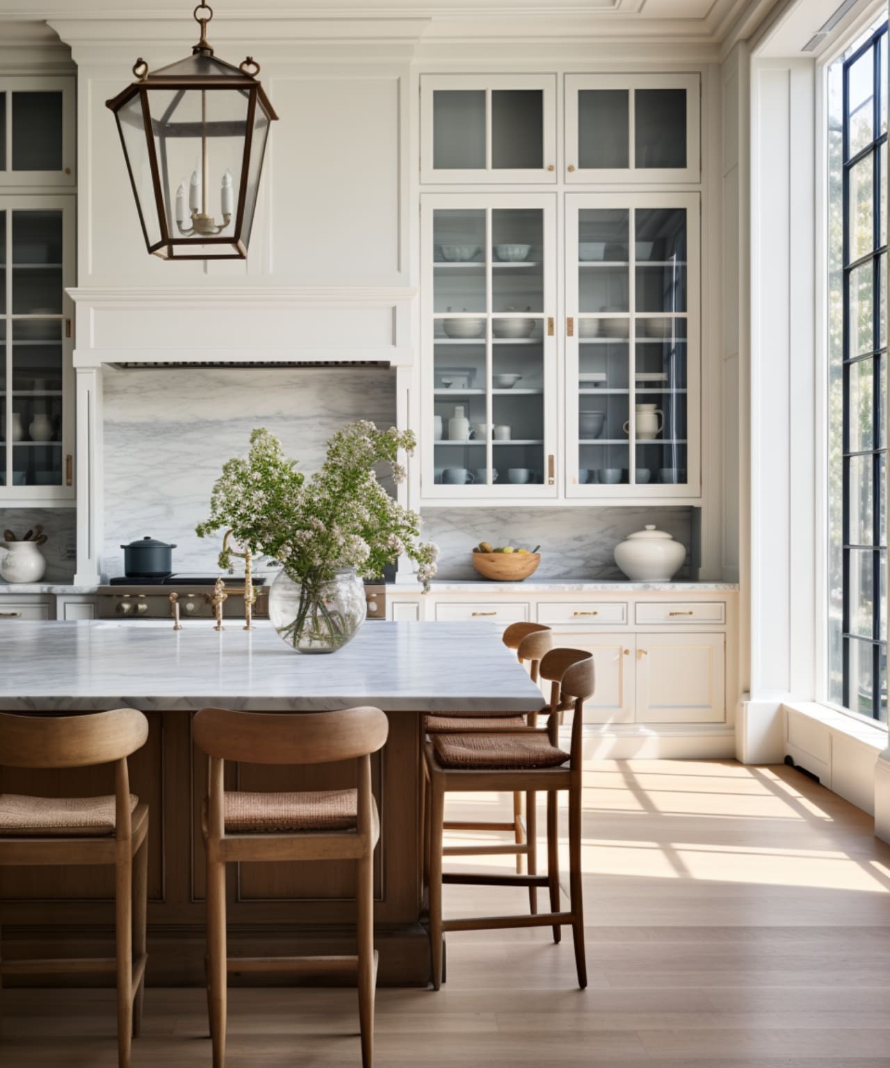 Bright kitchen with marble countertops, wooden island, glass cabinet doors, and large windows letting in natural light.