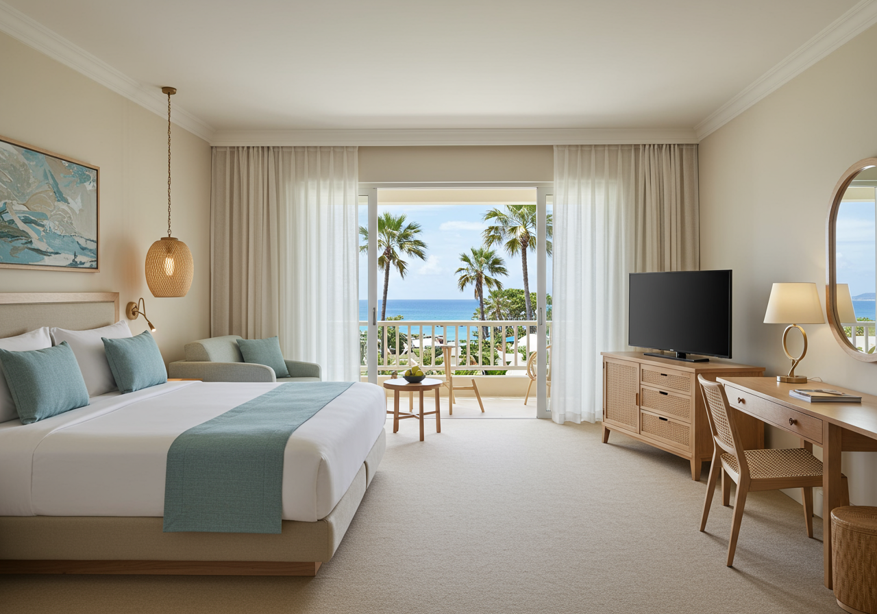 A villa bedroom with large windows overlooking the ocean.