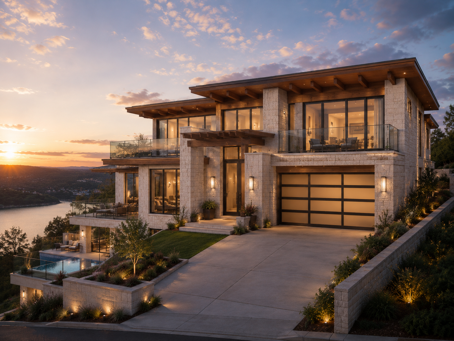 Modern stone-and-wood hillside home with glass balconies, a pool, and lake views at sunset.