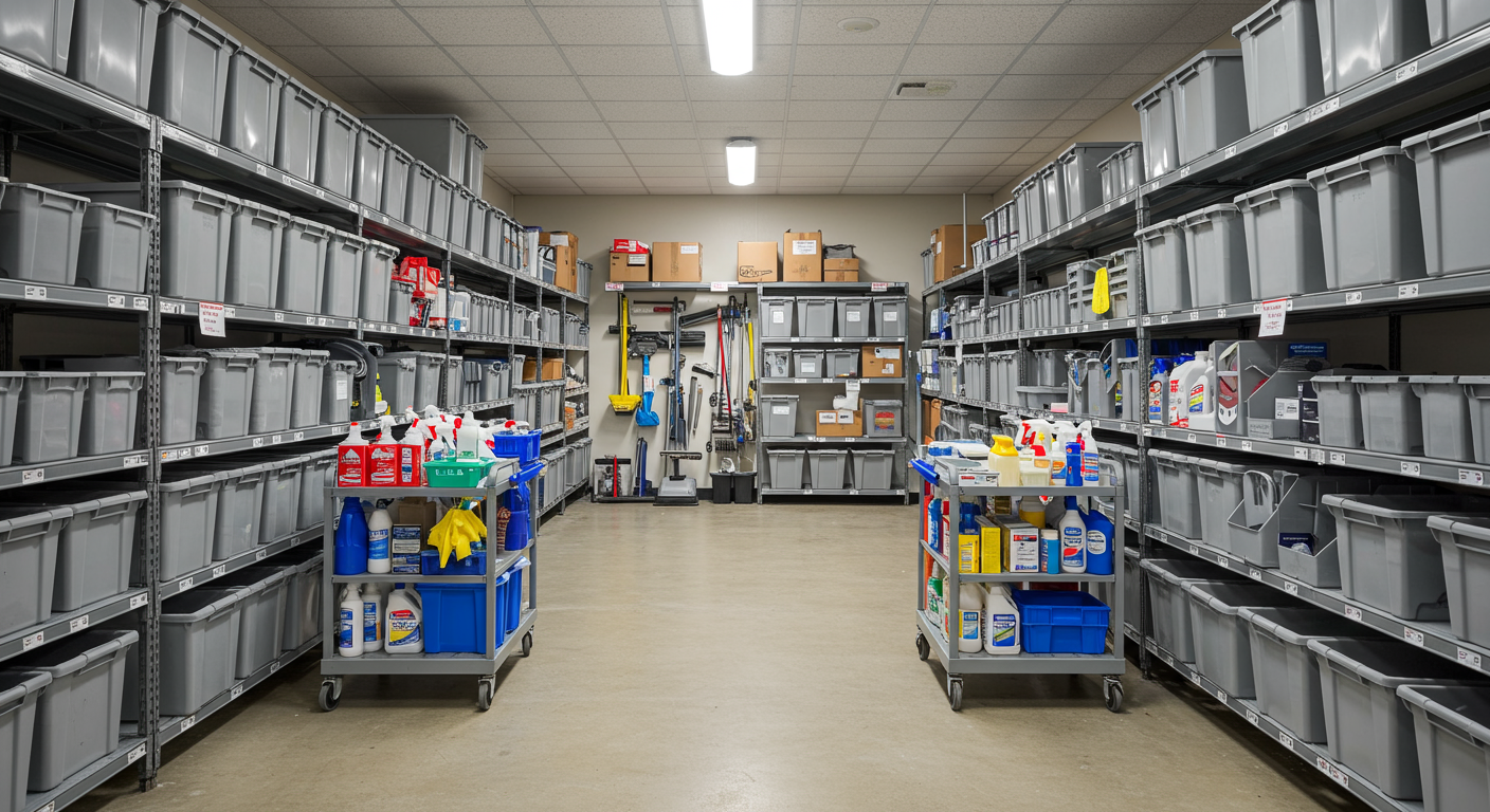 garage with cleaning supplies on carts