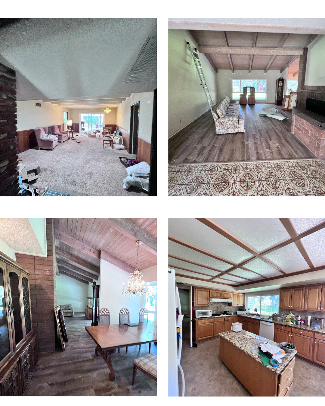 Home interiors with exposed wood-beam ceilings, a brick fireplace, dining area, and wood-cabinet kitchen.