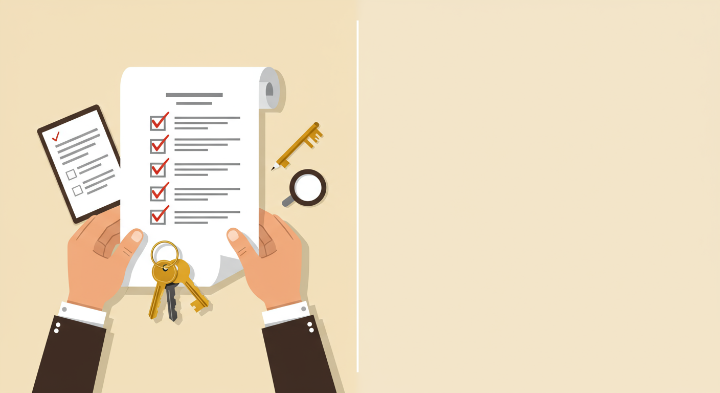 Hands hold a checked home inspection list and house keys beside a clipboard and magnifying glass.