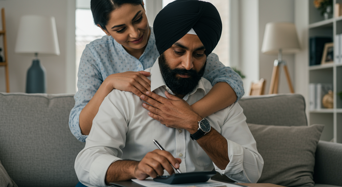 A woman comforts a man as he writes on a tablet while seated on a living room sofa.