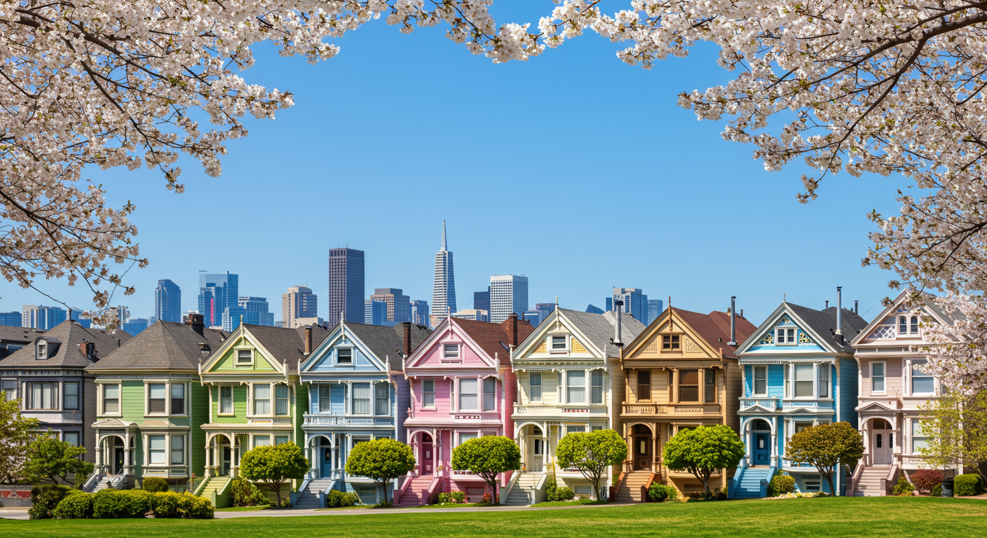 Painted Ladies and San Francisco skyline with spring cherry flowers tree.