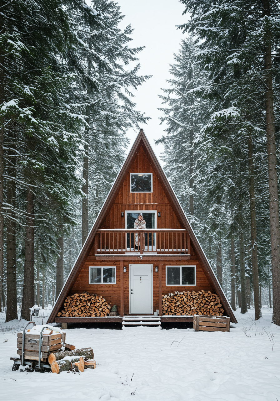 woman stands alone on balcony of a frame winter cabin