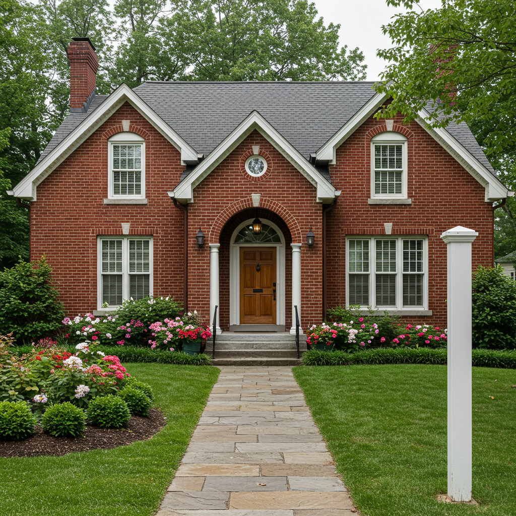 small brick home with a white for sale sign