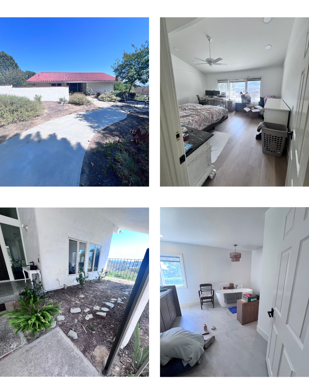 Home before staging, with a red-tile roof, cluttered bedroom, patio garden, and bathroom with a freestanding tub.