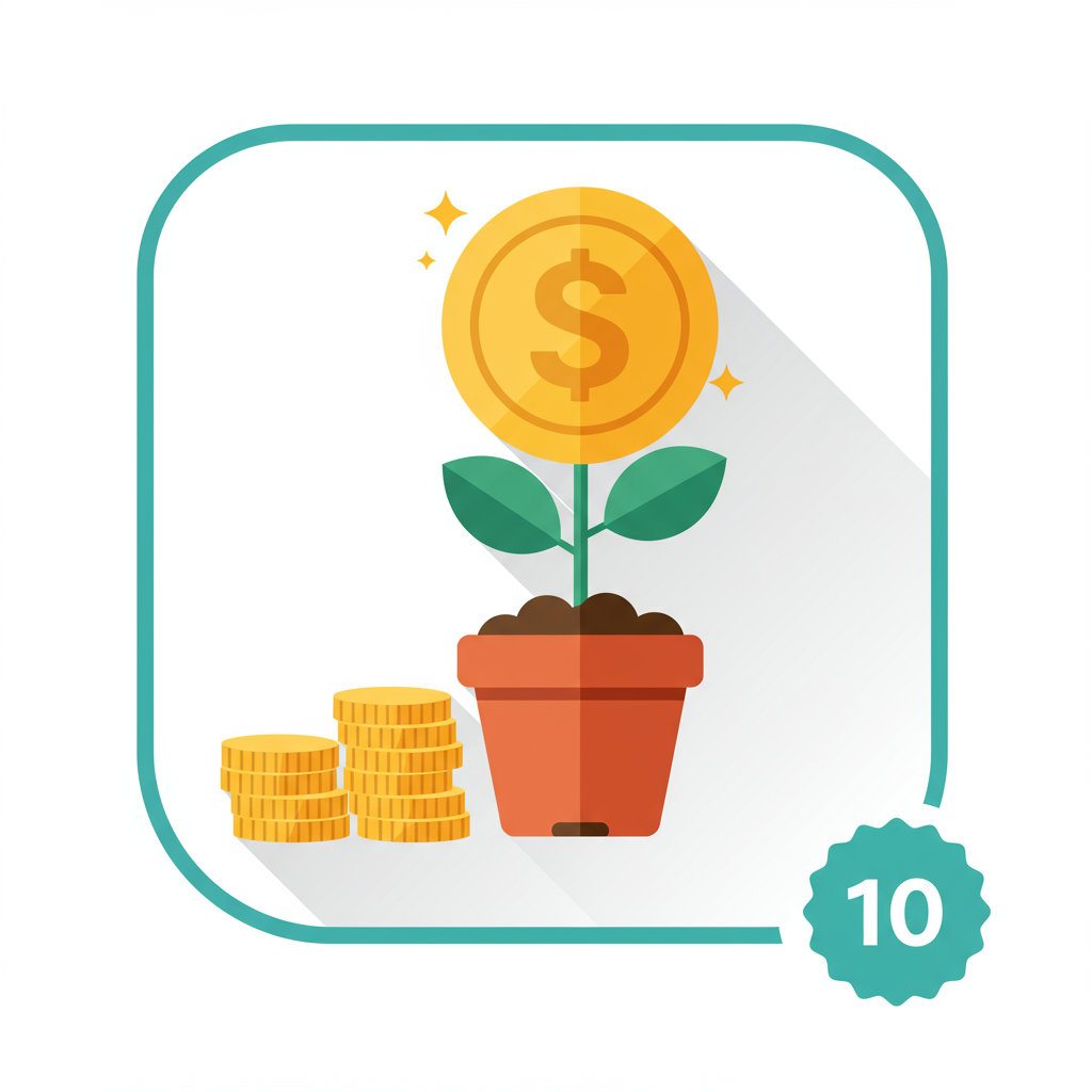 A dollar coin grows like a flower beside stacks of coins, marked number 10.