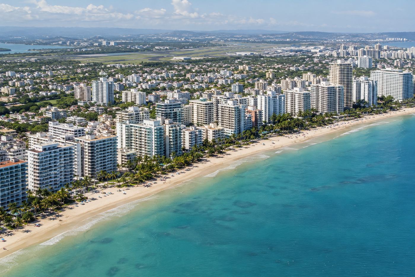 AI-generated aerial illustration inspired by Isla Verde and Carolina, Puerto Rico, with beachfront towers and airport access.
