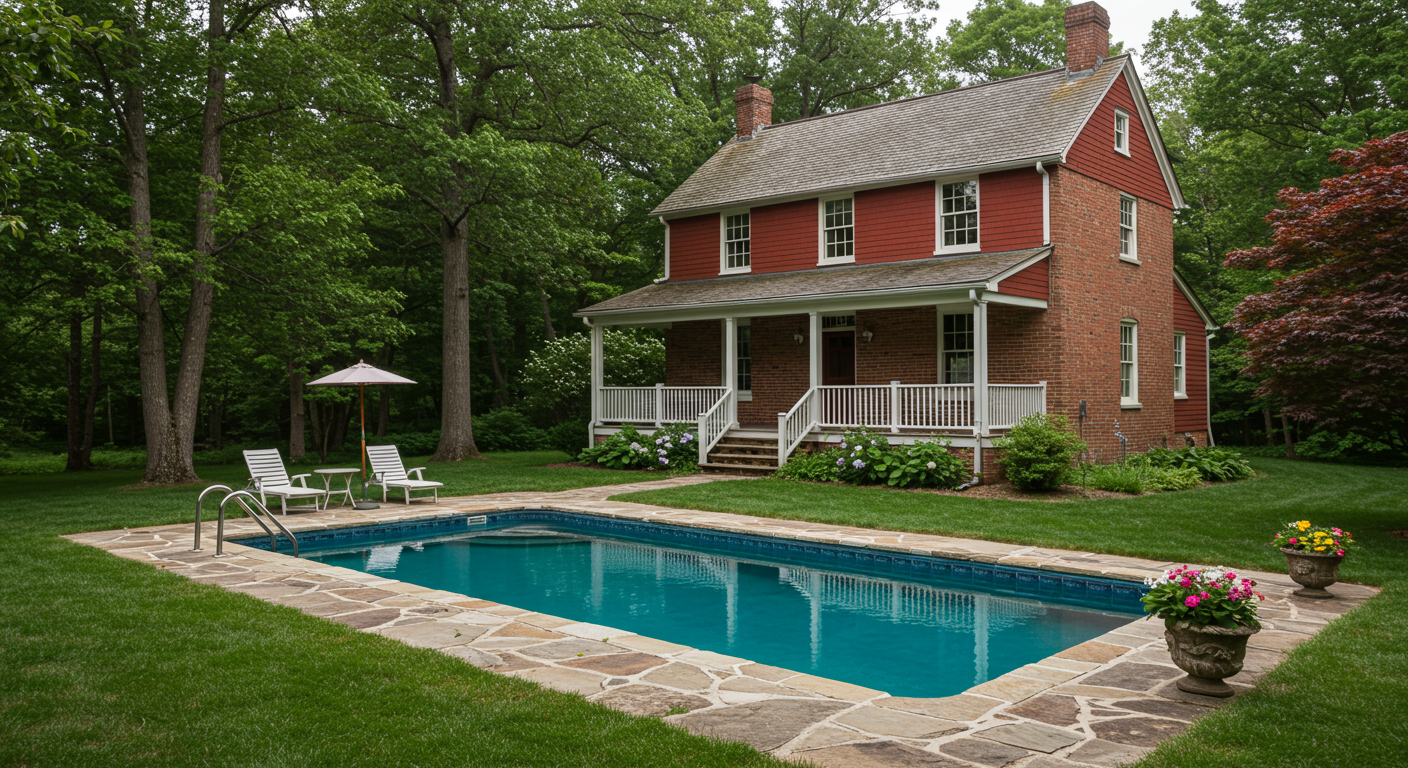 Red two-story house beside a stone-bordered swimming pool, with a covered porch and wooded lawn.