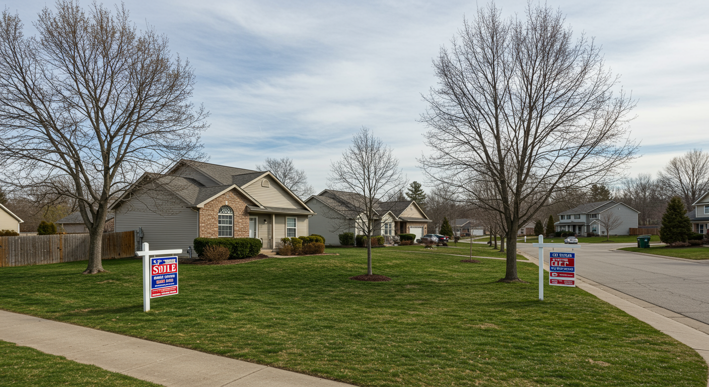 Suburban homes along a residential street with two real estate signs and leafless trees.