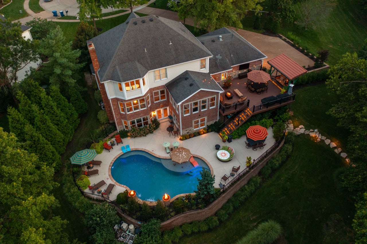 Twilight drone photo over the pool