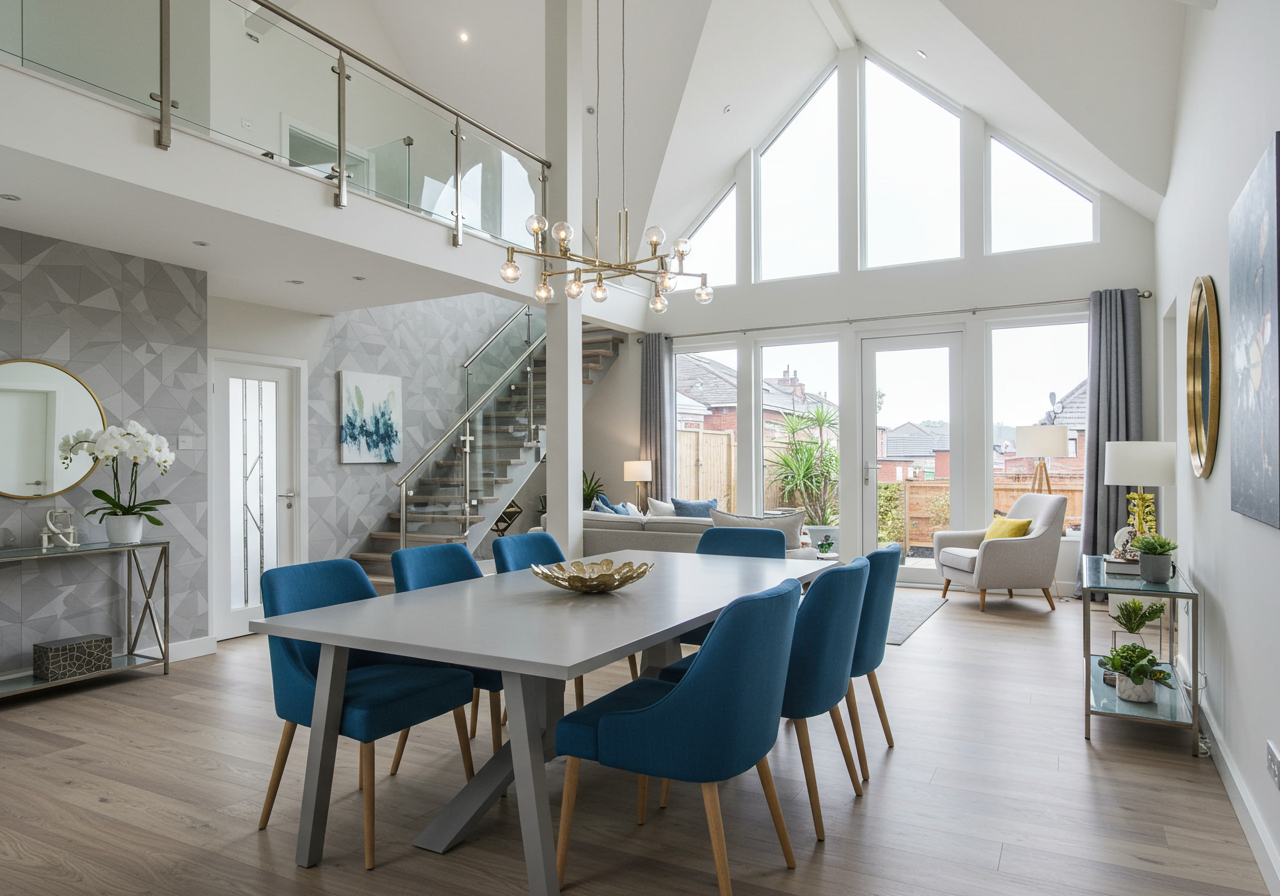 Open-plan dining room with blue chairs, a glass-railed staircase, and tall windows.