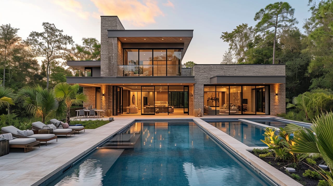 A modern house with a large swimming pool in front of it.