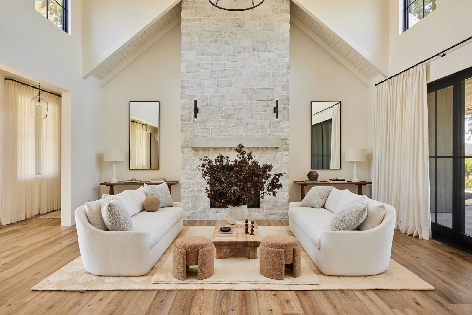 The living room of the Napa modern farmhouse, in Benjamin Moore Simply White.