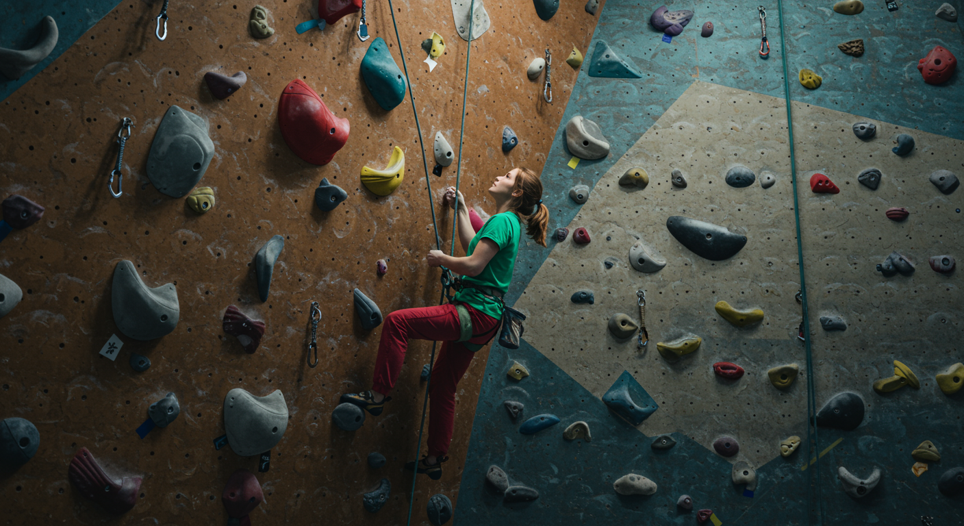 A climber in a green shirt scales an indoor wall covered with colorful holds.