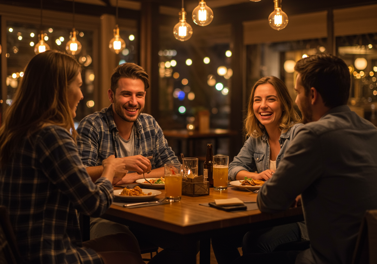 Happy group of friends eating at a restaurant 
