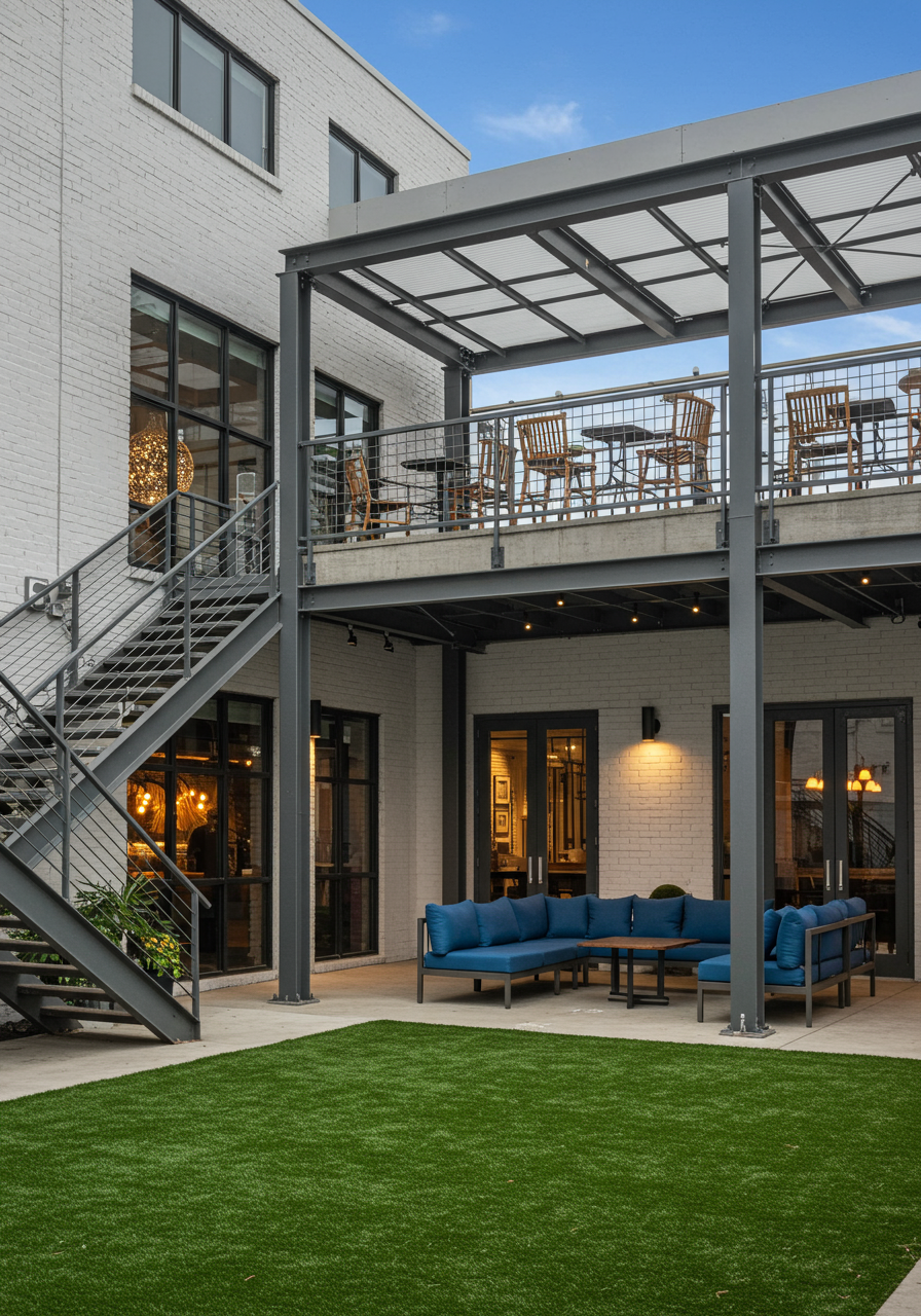 Two-story back patio at pinhouse