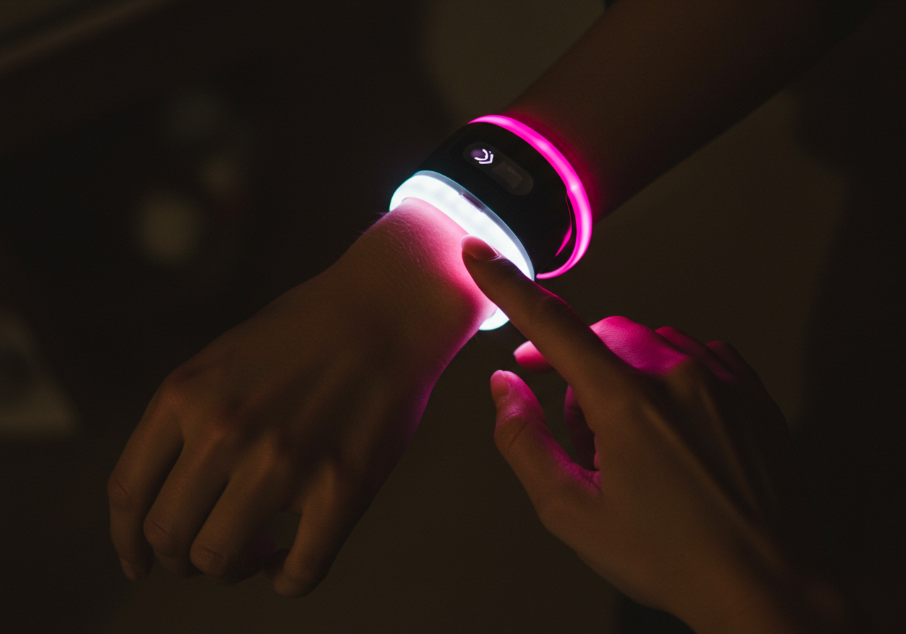 A finger taps a glowing pink-and-white wristband in a dark setting.