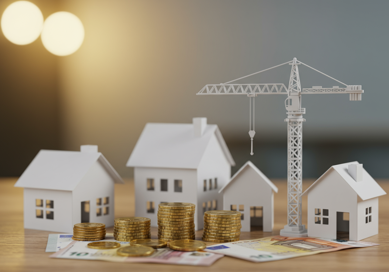 Coin stack on international banknotes with house and construction crane models on the table.