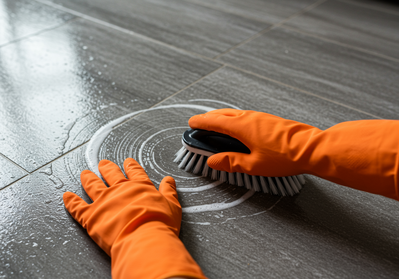 Cropped hands cleaning tiled floor