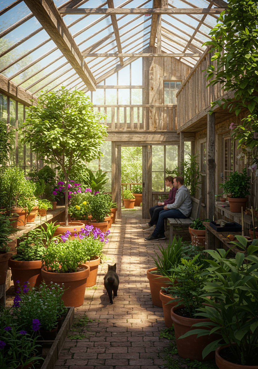 The wood inside was harvested from the local forest. Anders’s favorite spot in the home is the sofa situated under an almond tree in the greenhouse. 